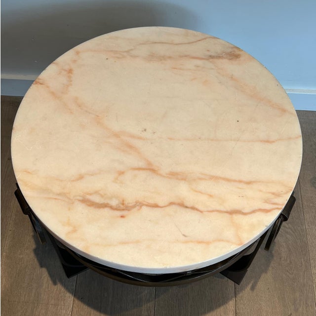 Metal 1940s Art Deco Pedestal Table in Wrought Iron and Hammer With White Marble Top For Sale - Image 7 of 12