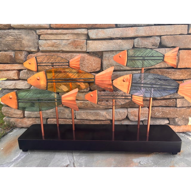 Wood Vintage Leaded Slag Glass and Copper School of Fish Sculpture Styled After Curtis Jere For Sale - Image 7 of 11