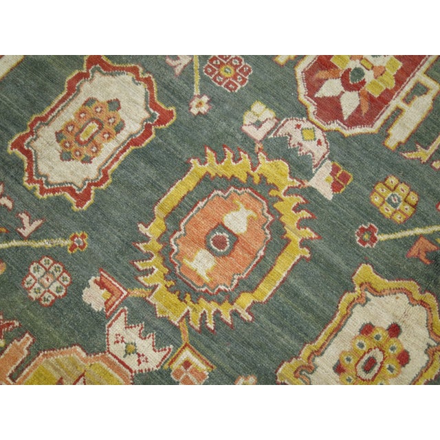 1940s Vintage Traditional Green Square Large Oushak - 11'2" x 12'3" For Sale - Image 5 of 10