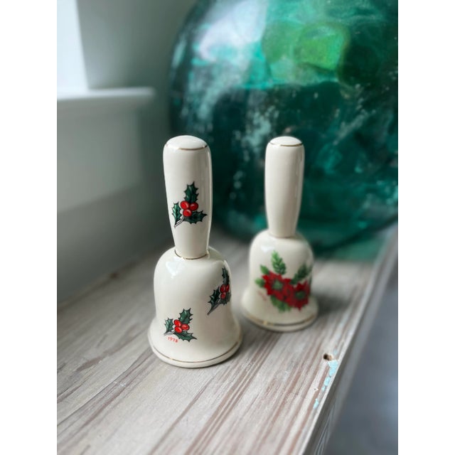 1970s Porcelain Christmas Bells Hand-Painted Holly and Poinsettias-A Pair For Sale - Image 4 of 10