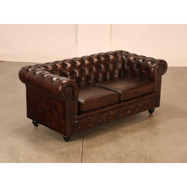 High Quality Tufted Brown Leather Sofa or Loveseat with Brass Tack Trim and Loose Seat Cushions, Mounted on Turned Feet