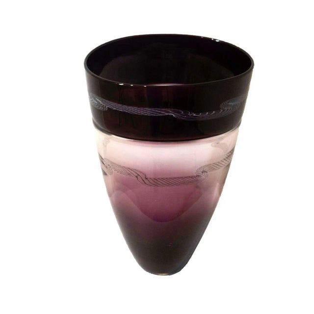 A gorgeous example of Murano glass titled Cabaret. This Seguso vase in hombre purples includes a two rare designs in white...