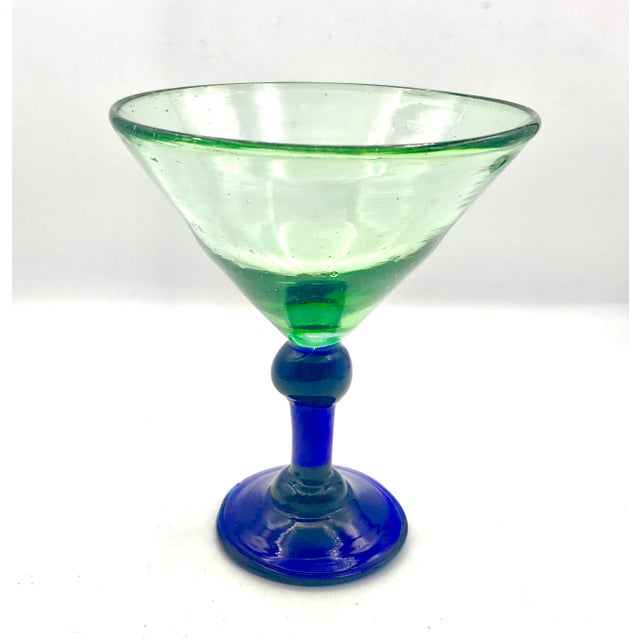 Glass 1980s Hand Blown Green and Cobalt Martini - Set of 4 For Sale - Image 7 of 8