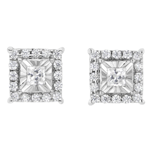 .925 Sterling Silver 1/4 Cttw Princess and Round Cut Diamond Halo Stud Earrings For Sale