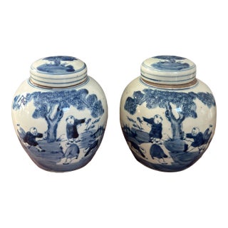Pair of Small Blue & White Ginger Jars With Classic Chinese Motif For Sale
