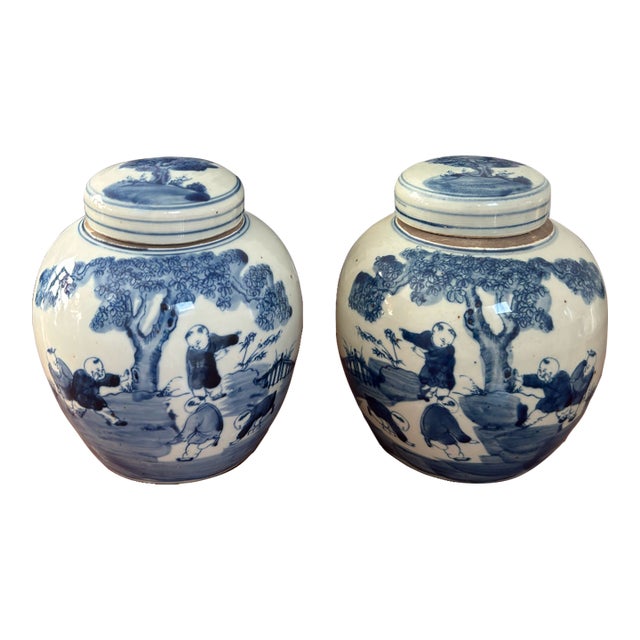 Pair of Small Blue & White Ginger Jars With Classic Chinese Motif For Sale