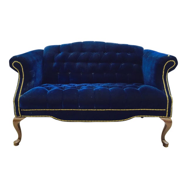 Vintage Navy Blue Tufted Velvet Loveseat Chairish
