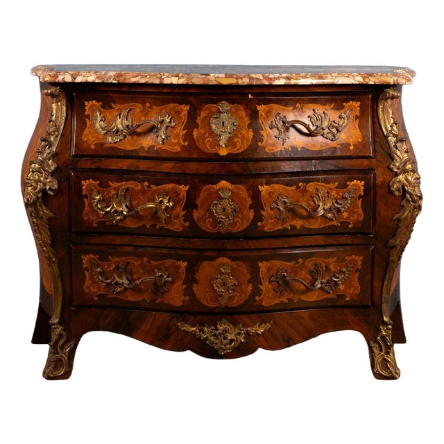 Louis XIV Style Curved Chest of Drawers with Inlays, Gilded Bronze Finishes and Marble Top For Sale