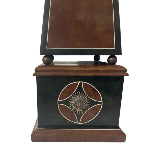 Animal Skin VTG Maitland-Smith Leather Obelisk Brass Sun Medallions Neoclassical 27x7” For Sale - Image 7 of 11