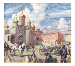 'Napoleonic Guard in Russia' by Charles Hoffbauer, Circa 1900; Historical Landscape, French Militaria, Uspensky Sobor, Moscow