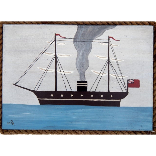 This charming folk art painting by british artist matt rix captures an early steamship with sails, rendered in a...