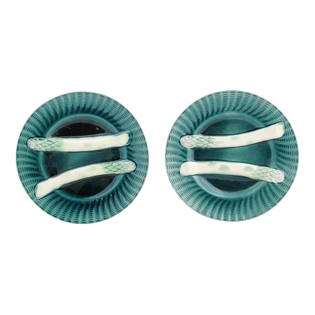 French 20th Century Asparagus Plates with Aqua Color and Rippled Accents - a Pair For Sale