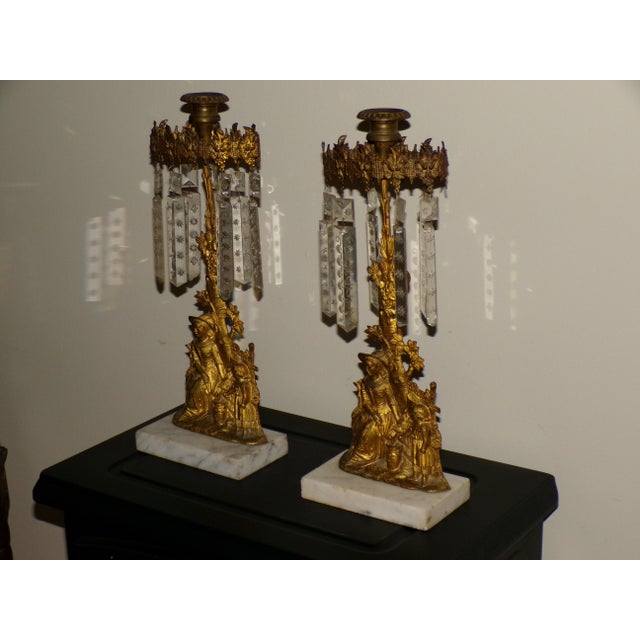 Pair Antique Victorian Girandole Gilt Brass Marble Crystal Candelabra Candle Holders Mantle Lusters. Ornate figural...