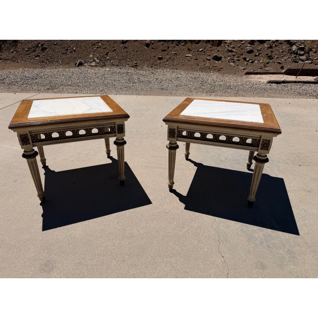 Mid-Century Modern A Pair of Mid Century French-Style Mahogany and Marble-Topped End Tables For Sale - Image 3 of 12
