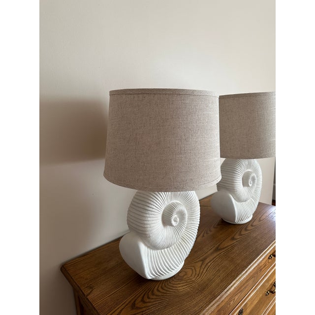 Textile Vintage Spiral Shell Table Lamps With Linen Drum Shades - A Pair For Sale - Image 7 of 18