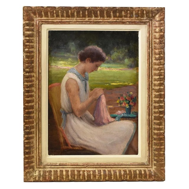 Henri-Charles Angéniol, Young Woman Sewing in the Garden, Oil on Wood, 20th Century, Framed For Sale - Image 10 of 10