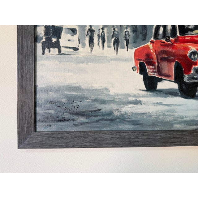 Black Modern Impressionist Havana Cuba Street Scene Oil on Canvas Painting With Red Classic Car, Signed For Sale - Image 8 of 11