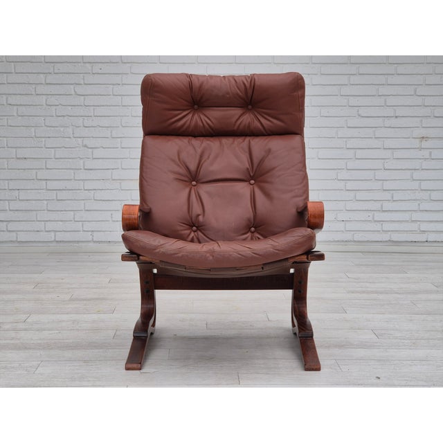 Wood Vintage Scandinavian Lounge Chair in Leather, 1970s For Sale - Image 7 of 18