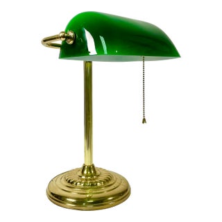 Mid-Century Art Deco Arts & Crafts Emeraldite Bottle Green Glass Shade Bankers Desk Lamp For Sale