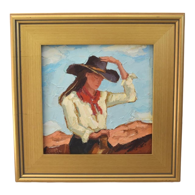 Impressionist Western Cowgirl & Horse Painting Including the Antiqued Gold Wood Frame For Sale