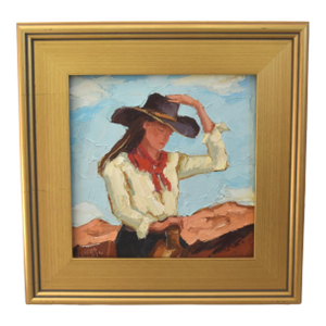 Impressionist Western Cowgirl & Horse Painting Including the Antiqued Gold Wood Frame