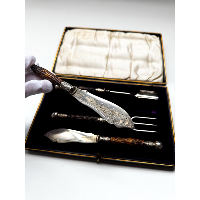 Victorian 1897 James Ernest & Sons Victorian Sterling Silver Stag Antler Carving Set, Hallmarked Sheffield- 4 Pieces For Sale - Image 3 of 4
