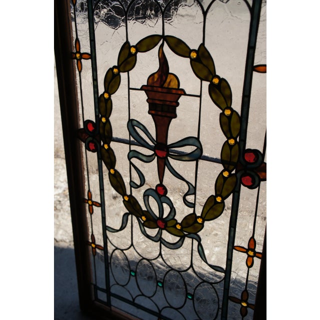 Late 19th Century Antique Victorian French Neoclassical Stained Glass Ribbon Torchiere Window For Sale - Image 5 of 12