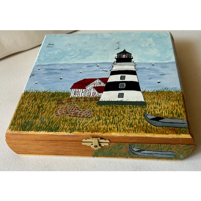 American Coastal Chic Hand Painted Lighthouse Cigar Box, Signed by Artist For Sale - Image 3 of 13