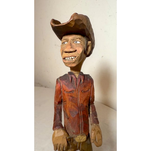 1980s Exquisite Signed Hand Carved Wood Folk Art Man Cowboy Sculpture Statue Figure For Sale - Image 13 of 13