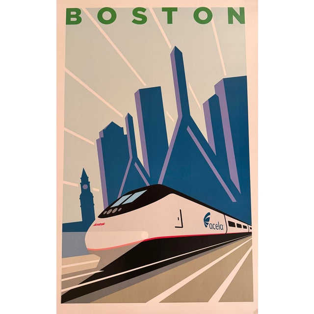 Modern American railway advertising poster illustrated by Michael Schwab for Amtrak’s Acela Express campaign. The...