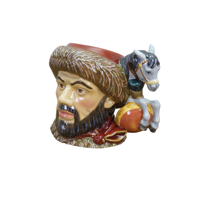 Large vintage Royal Doulton 7225 porcelain character jug of Attila the Hun featuring a fur hat, dark beard and equestrian...