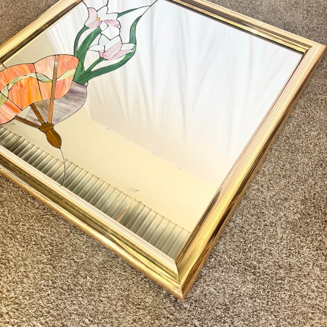 Postmodern Lily Flower Stained Glass Gold Frame Wall Mirror For Sale - Image 4 of 11