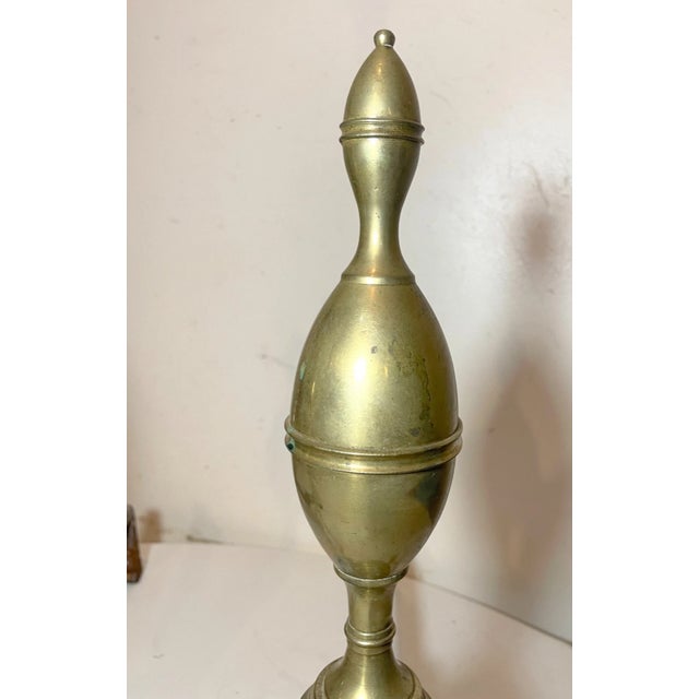 Pair of Antique 1700's Peened Brass Wrought Iron Federal Double Lemon Andirons For Sale - Image 9 of 14