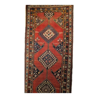 Antique Persian Kurdish Bidjar Runner Rug, Hand-Knotted Wool, Geometric Pattern, Terracotta & Navy, 3x13 For Sale