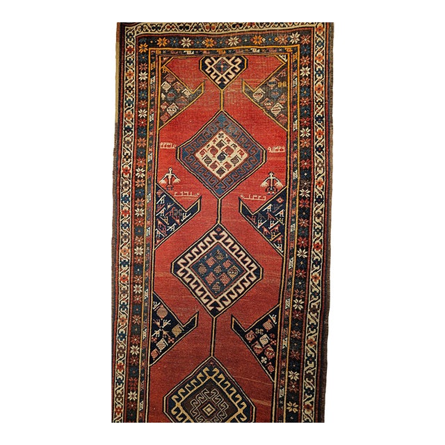 Antique Persian Kurdish Bidjar Runner Rug, Hand-Knotted Wool, Geometric Pattern, Terracotta & Navy, 3x13 For Sale