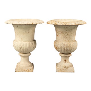 Antique French White Cast Iron Urns - a Pair For Sale