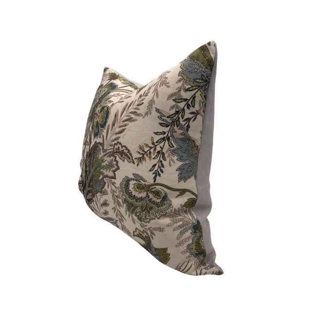 Pair of handcrafted pillows fashioned with Schumacher Sandoway Vine in Seaglass fabric on the front and backed in a flax...