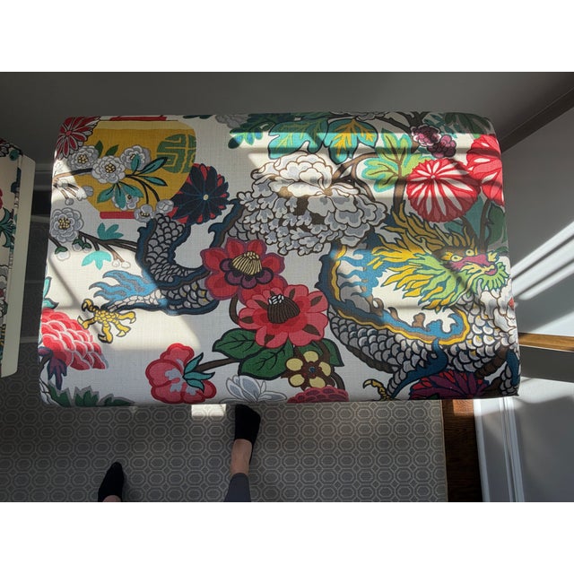 Asian Matching Schumacher Dragon Fabric Bench Seats For Sale - Image 3 of 5