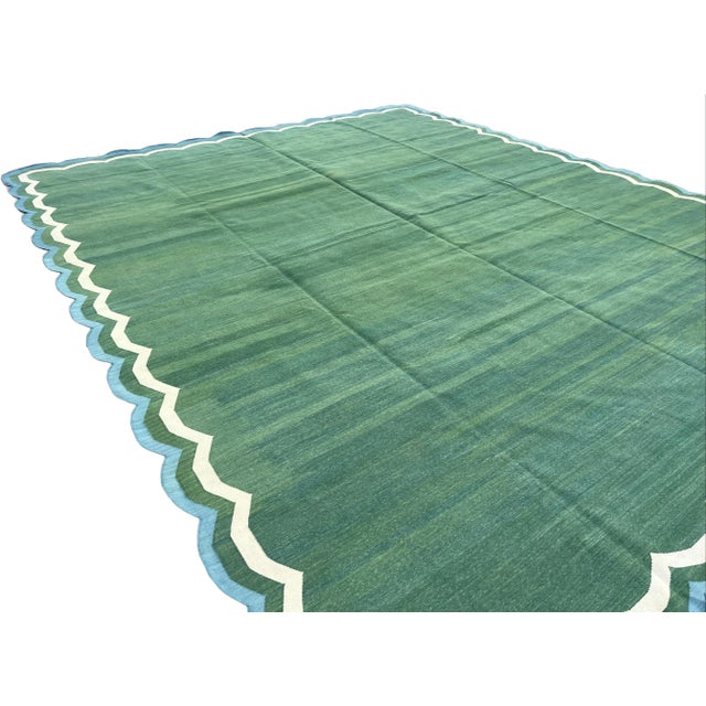 Textile Handmade Cotton Reversible Scalloped Edge Rug Forest Green With Cream and Teal Blue Border - 10'x16' For Sale - Image 7 of 10