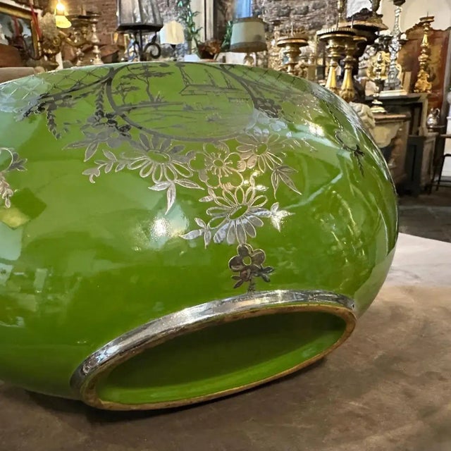 1940s 1940s Art Deco Green Ceramic and Silver Oval Italian Centerpiece For Sale - Image 5 of 9
