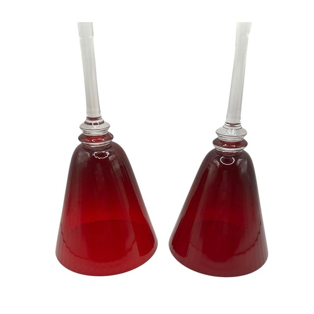Vintage Elegant Ruby Red Fluted Wine Goblets With Crystal Clear Stems - A Pair For Sale - Image 9 of 12