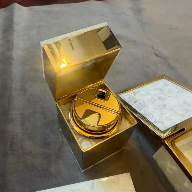 1970s Mid-Century Modern Mother Pearl Lucite and Brass Italian Smoking Set For Sale - Image 9 of 11