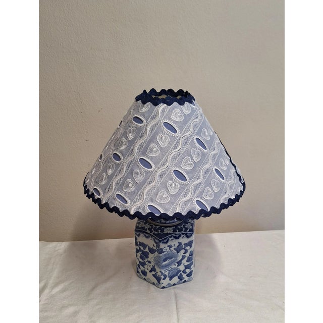 1990s Vintage Table Lamp with Blue and White Porcelain Base and Handmade Fabric Shade from Lamplove, 1990s For Sale - Image 5 of 8