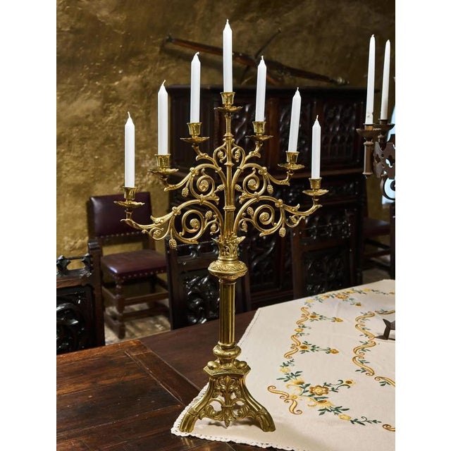 19th Century Neo-Gothic Brass Candlesticks, Set of 2 For Sale - Image 3 of 12