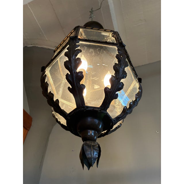 Antique Lantern-Shaped Ceiling Fixture With Three Arm Light Source Within For Sale In Minneapolis - Image 6 of 11
