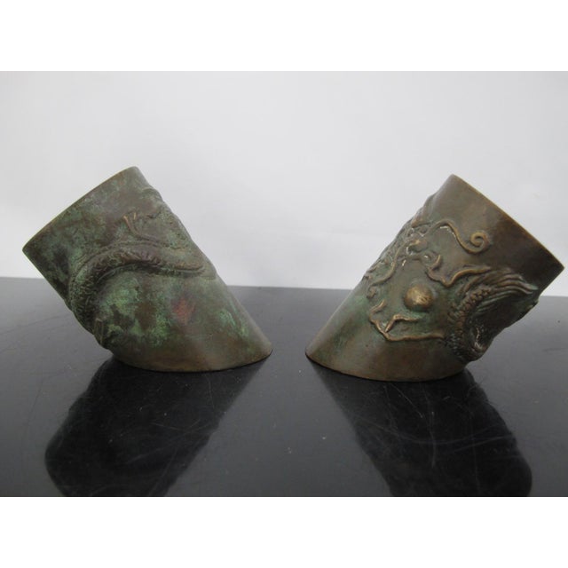 Chinese Bronze Dragon With Pearl Hoof Shaped Brush Cup Paperweight Pair For Sale - Image 15 of 18