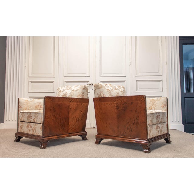 Vintage Swedish Grace Club Chairs with Tiger Wooden Side Panels and Jacquard, 1930s, Set of 2 For Sale - Image 4 of 14
