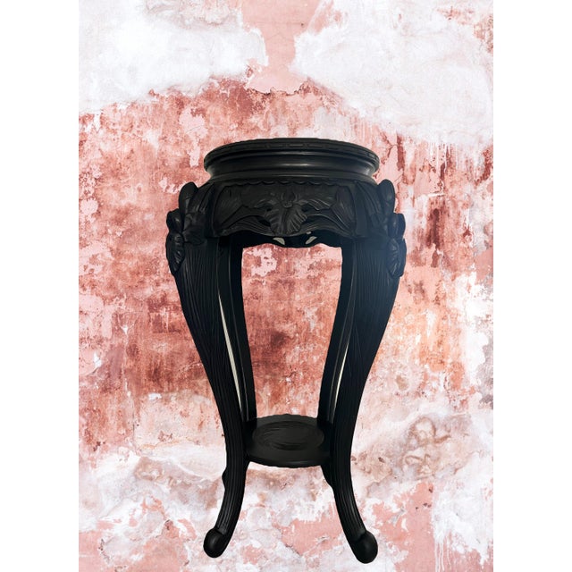 Ebony Antique Japanese Iris Pedestal / Plant Stand, Ebonised Carved Black Wood Side Table For Sale - Image 8 of 16