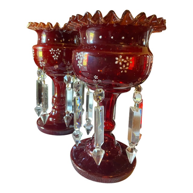 Pair of Ruby Red Glass Mantel Lustres/Hurricane Candle Holders With Crystal Prisms For Sale