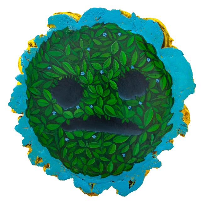 Wood Sad Face Emoji on Cork Wood with Vibrant Green Plants For Sale - Image 7 of 7